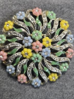 Vintage 30's Pot Metal Celluloid Fruit Salad Pastel Flowers Rhinestones Brooch